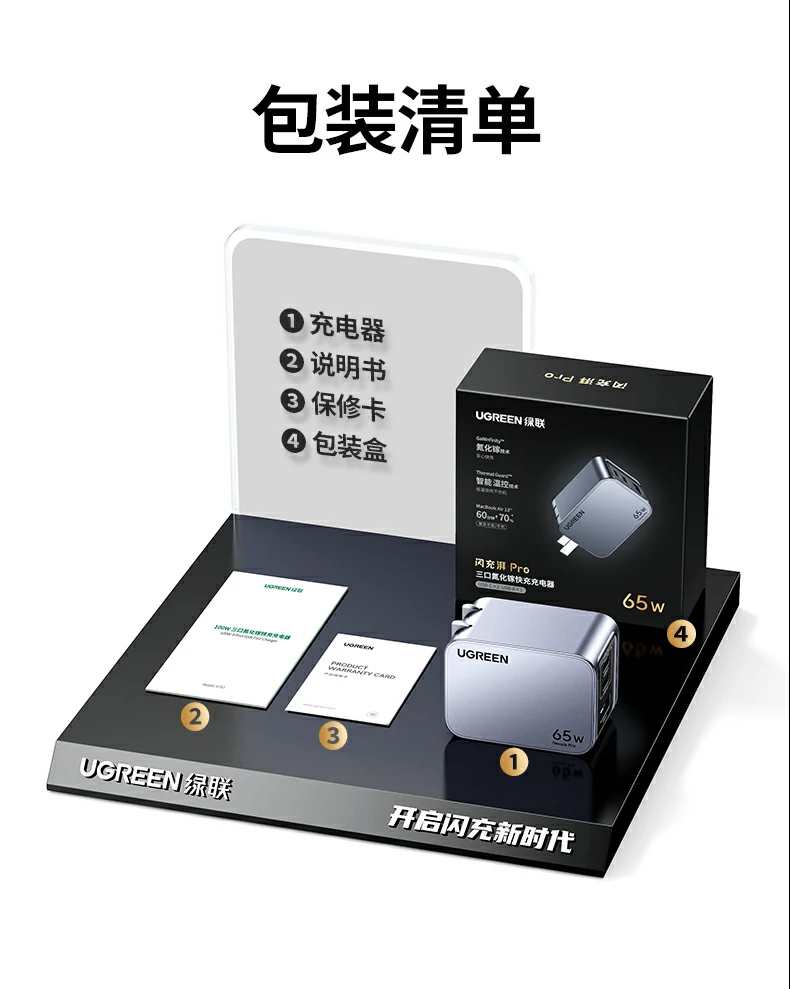 绿联X755 - 65W氮化镓充电器,三口快充,18个月保修,绿联实验室认证 绿联X755产品全家福及技术参数汇总图