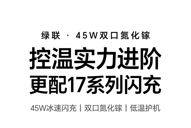 绿联X526 45W双口氮化镓快充充电器全景图，展示双USB-C口设计