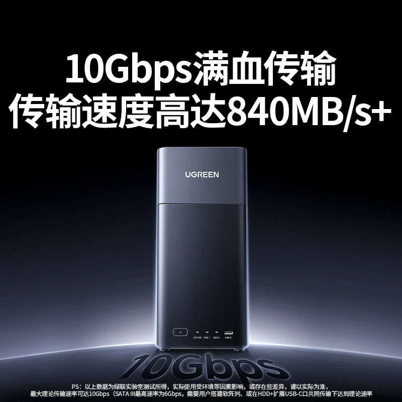 绿联双盘位硬盘柜 10Gbps高速 64TB扩容