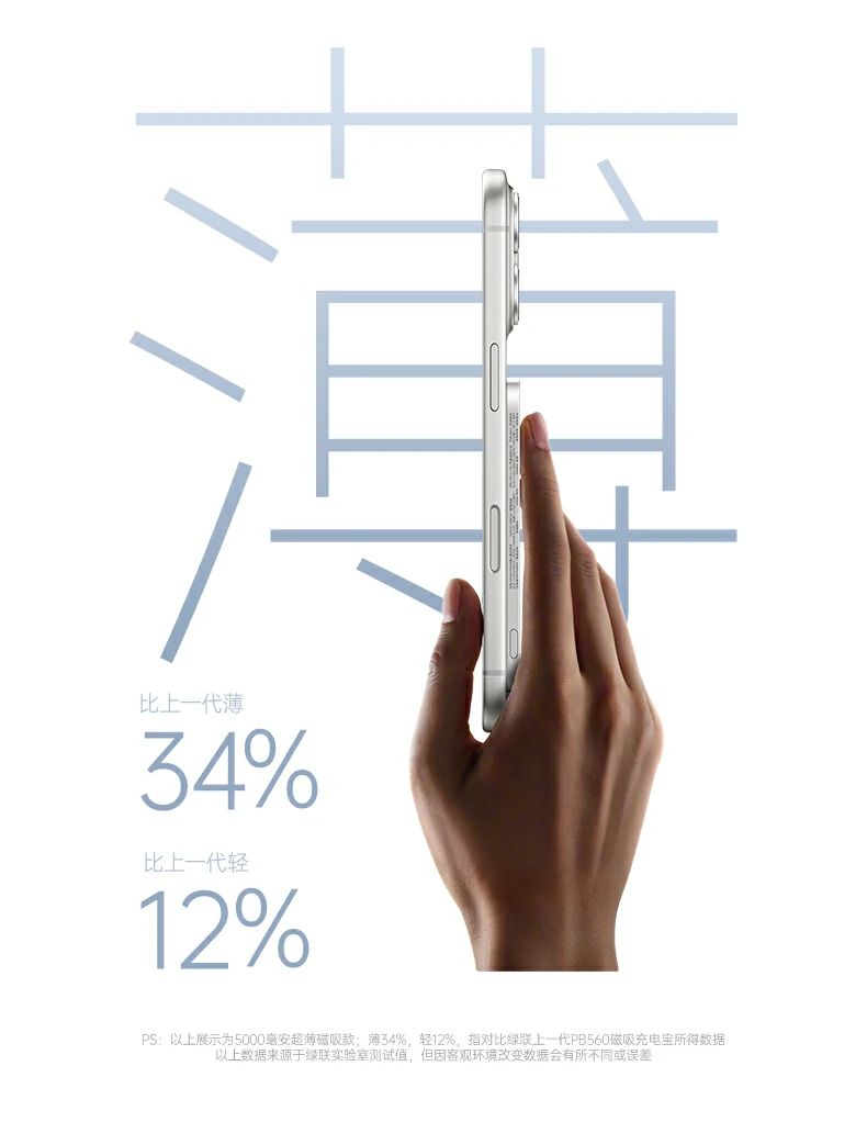 绿联PB580超薄磁吸无线充电宝15W无线快充输出标识