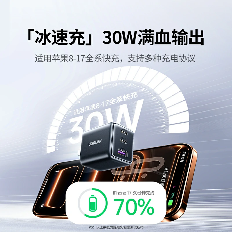 绿联 冰速充 30W快充氮化镓充电器