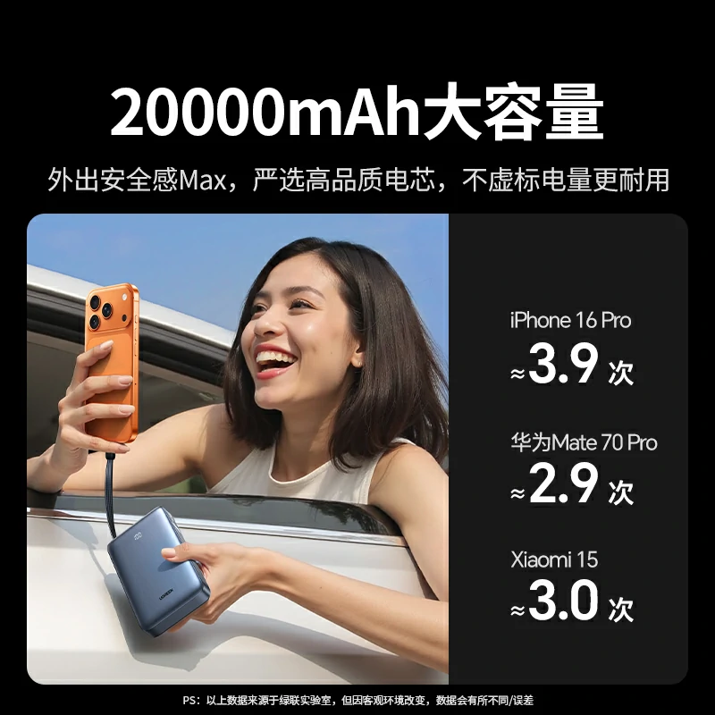绿联30W自带线快充移动电源 20000mAh