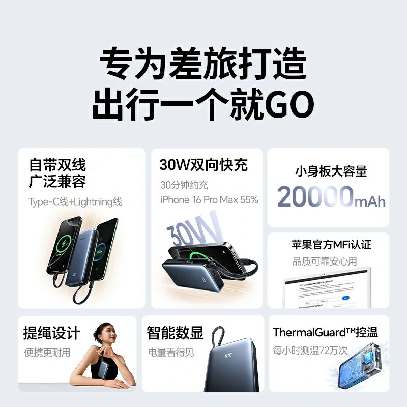 绿联30W自带双线充电宝 20000mAh 苹果MFi认证