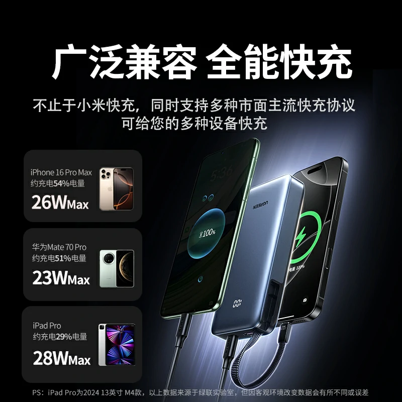 绿联超能块30W自带线快充移动电源 20000mAh