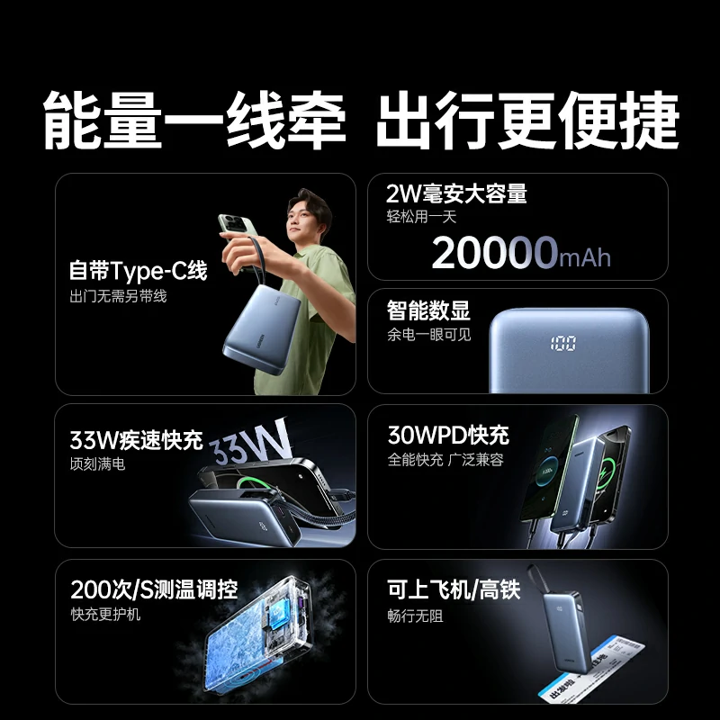 绿联超能块30W自带线快充移动电源 20000mAh