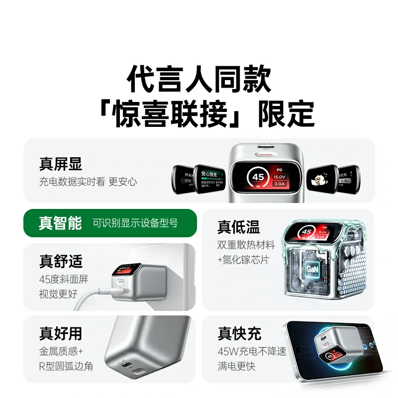 绿联45W氮化镓屏显充电器 折叠插脚 易烊千玺同款