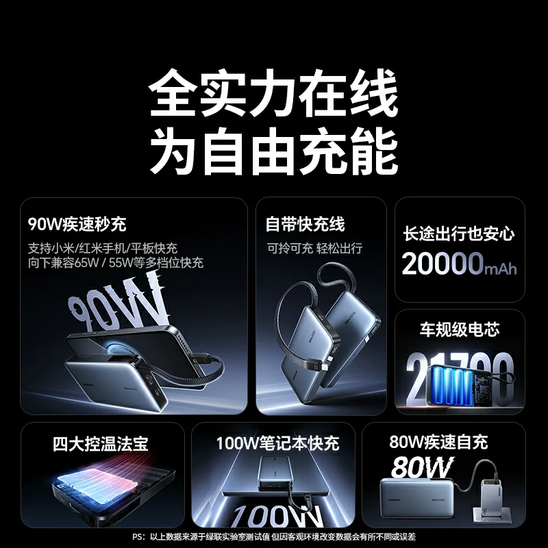 绿联超能块100W自带线快充充电宝 20000mAh