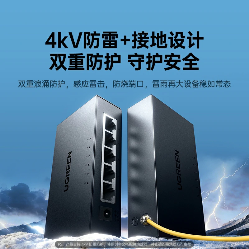 绿联5口百兆钢壳交换机 即插即用 4kV防雷