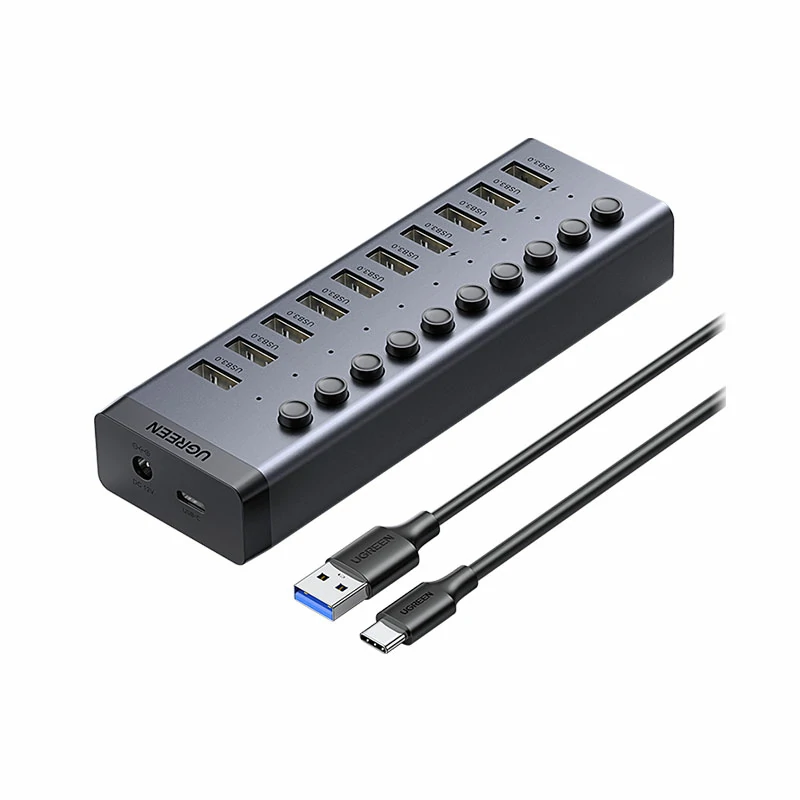 绿联USB3.0十口分线器 带供电独立开关