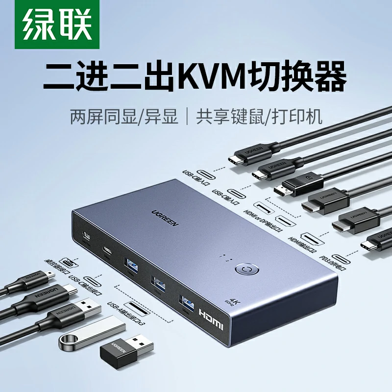 绿联USB-C KVM双显切换器 二进二出 4K60Hz