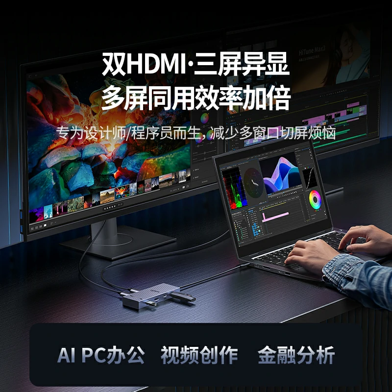 绿联Type-C七合一扩展坞 双HDMI三屏异显 4K60Hz