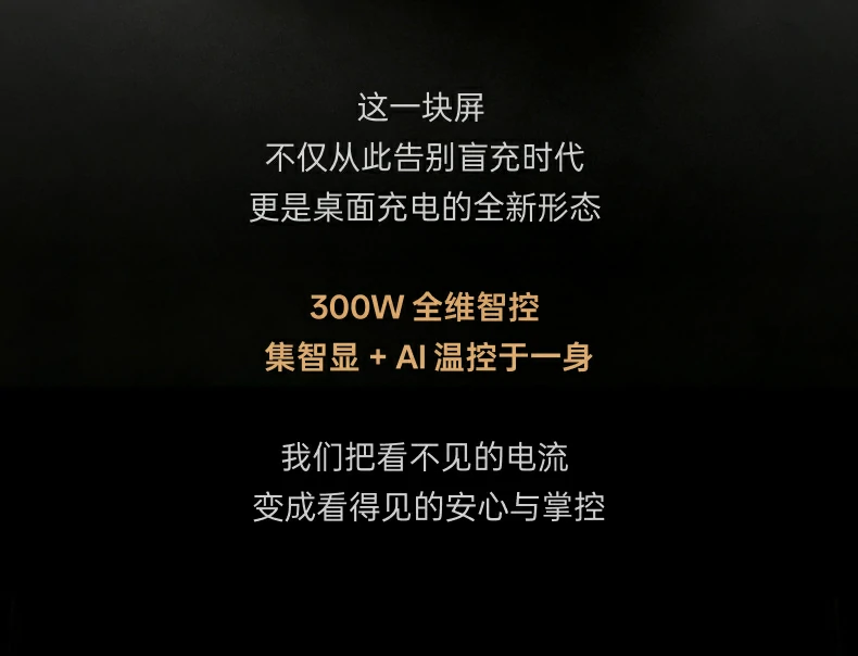 绿联300W桌面充电站智显屏文案介绍：这一块屏告别盲充时代，集智显与AI温控于一身，把看不见的电流变成看得见的安心与掌控