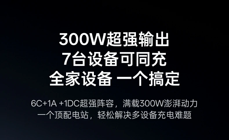 绿联300W桌面充电站文案：300W超强输出，7台设备可同充，全家设备一个搞定，6C+1A+1DC超强阵容满载300W澎湃动力