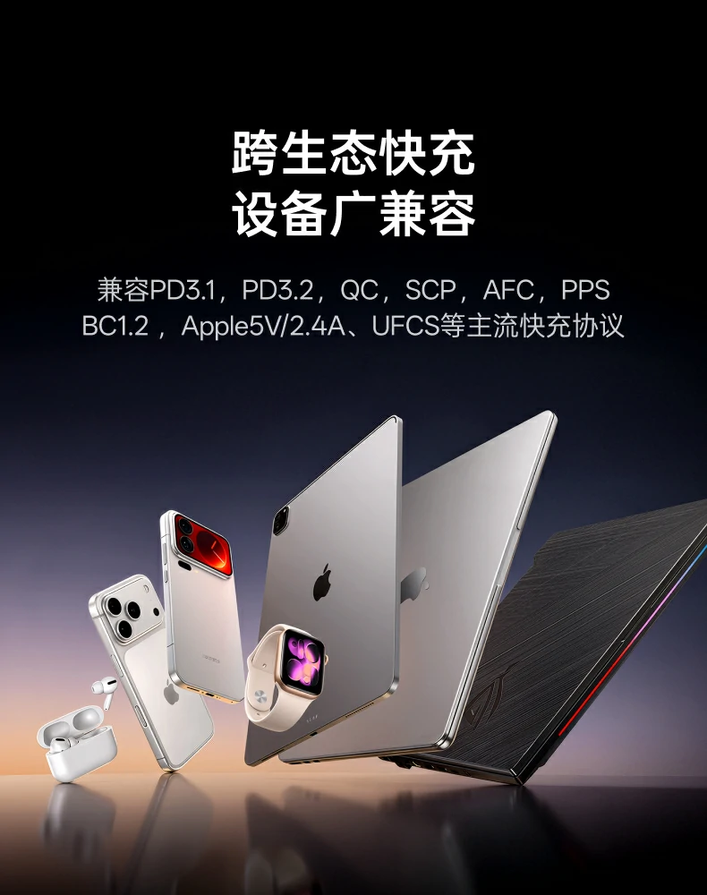 绿联300W桌面充电站跨生态快充协议兼容介绍：支持PD3.1、PD3.2、QC、SCP、AFC、PPS、BC1.2、Apple5V/2.4A、UFCS等主流快充协议