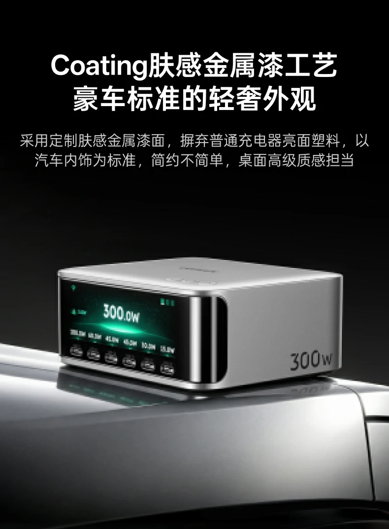 绿联300W桌面充电站Coating肤感金属漆工艺介绍：豪车标准的轻奢外观，采用定制肤感金属漆面摒弃普通充电器亮面塑料，以汽车内饰为标准