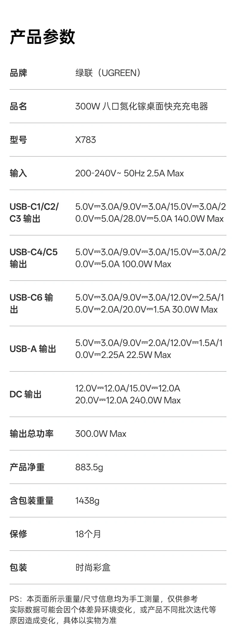 绿联300W桌面充电站产品参数表：型号X783，输入200-240V~50Hz 2.5A Max，USB-C1/C2/C3输出140W Max，USB-C4/C5输出100W Max，USB-C6输出30W Max，USB-A输出22.5W Max，DC输出240W Max，总功率300W Max，产品净重883.5g，含包装1438g，保修18个月