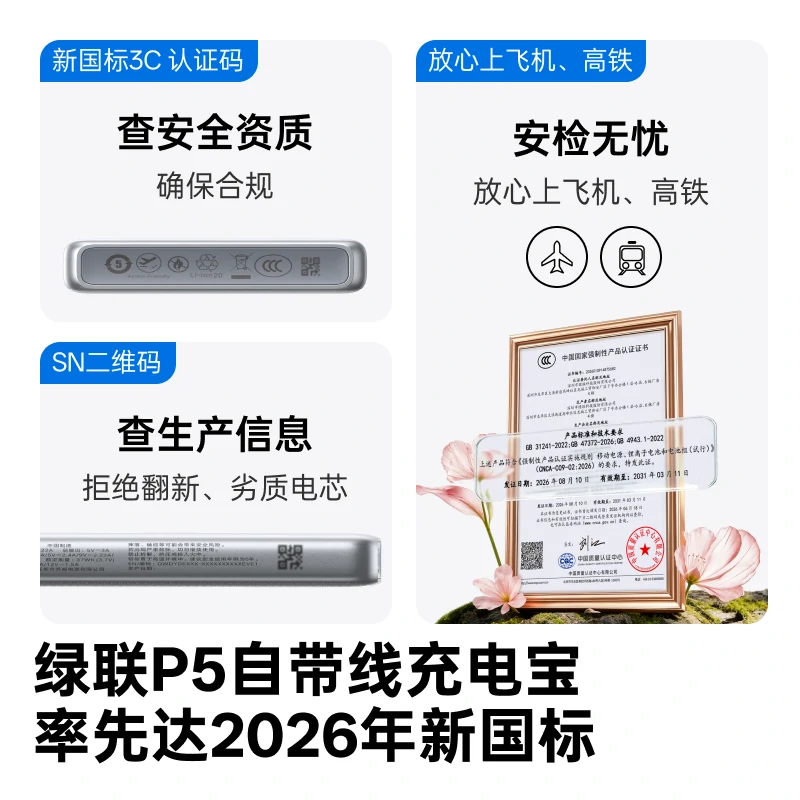 绿联P5 22.5W快充自带线充电宝 10000mAh