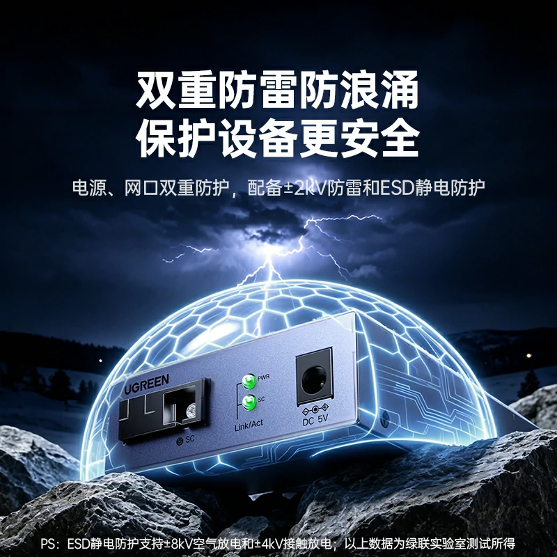 绿联千兆单纤光纤收发器 1光4电 3km传输