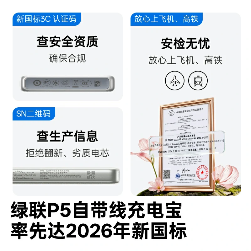 绿联P5 22.5W快充自带线新国标充电宝 10000mAh