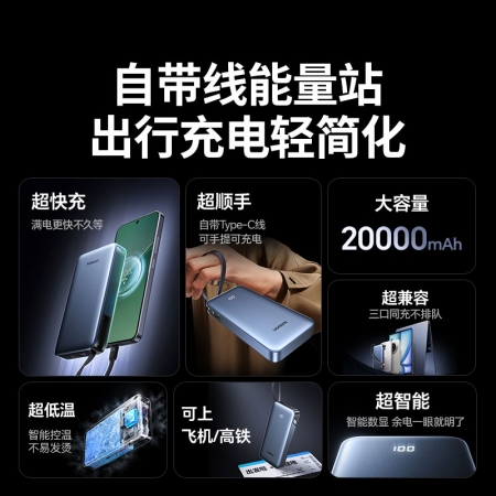 绿联自带线充电宝 20000mAh电池45W快充