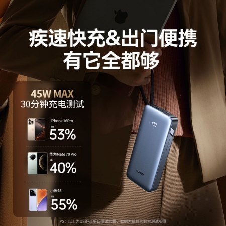 绿联自带线充电宝 20000mAh电池45W快充