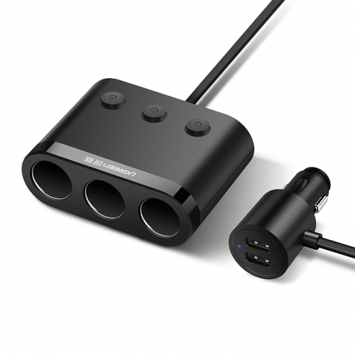 绿联一拖三车载充电器，双口USB车充加三口点烟口拓展